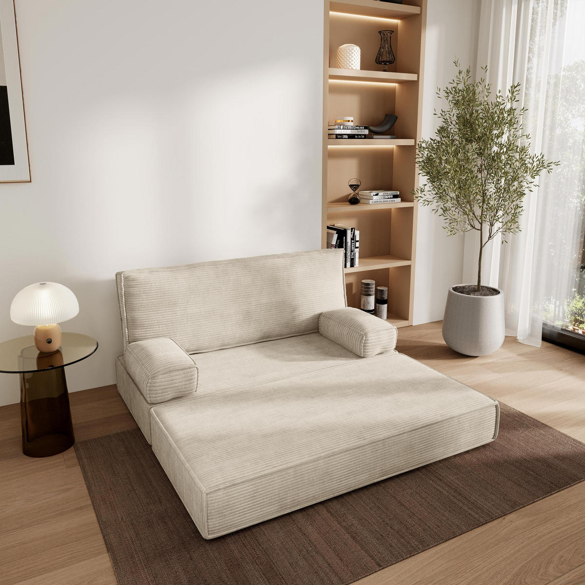 POHOVKA z pěny LADIA s funkcí spaní Manšestrová látka Krémová - krémová, textil (140/86/60cm) - MASSENO