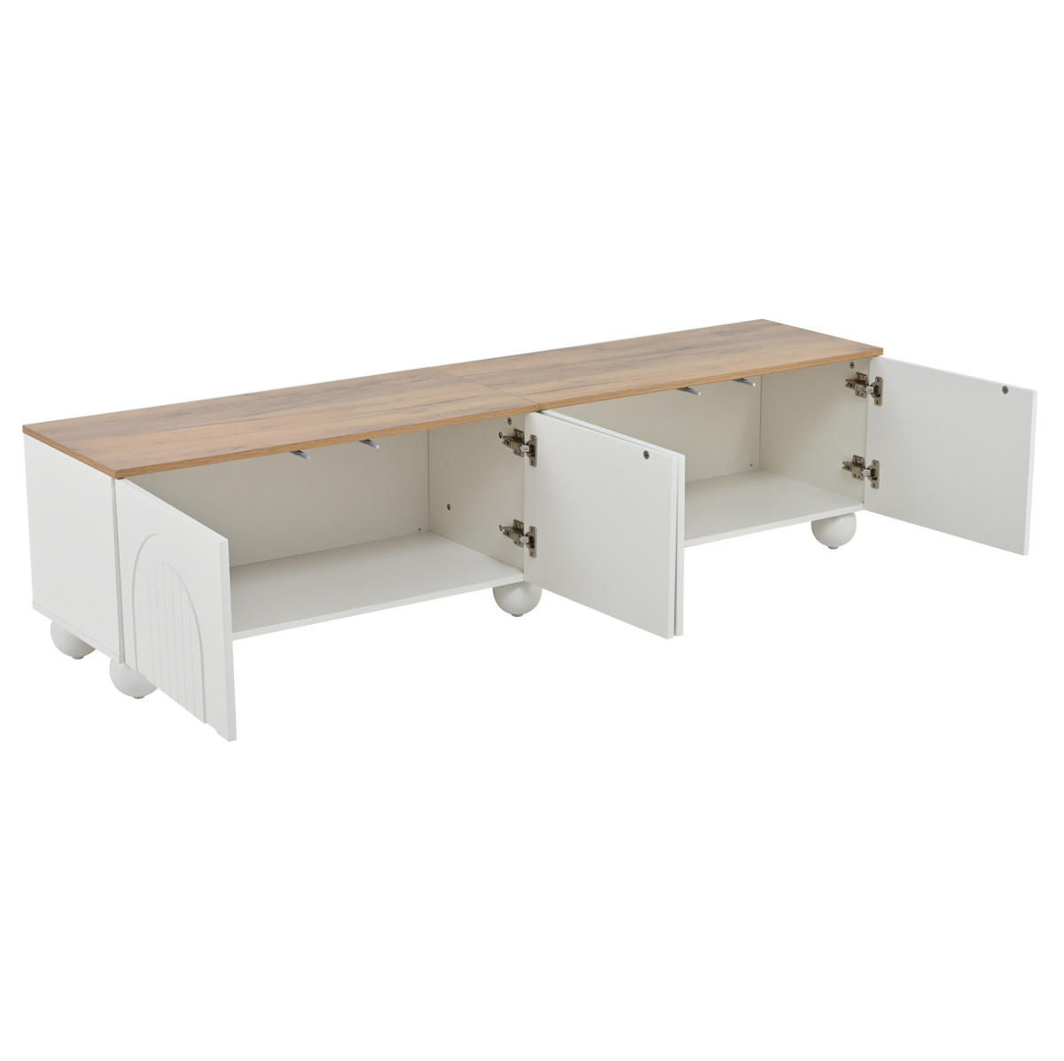 TV stolek 180/40/45 cm s úložným prostorem, 4 dvířky a 6 kovovými nohami, Bílá a dub - bílá, kompozitní dřevo (180/45/40cm) - Redom