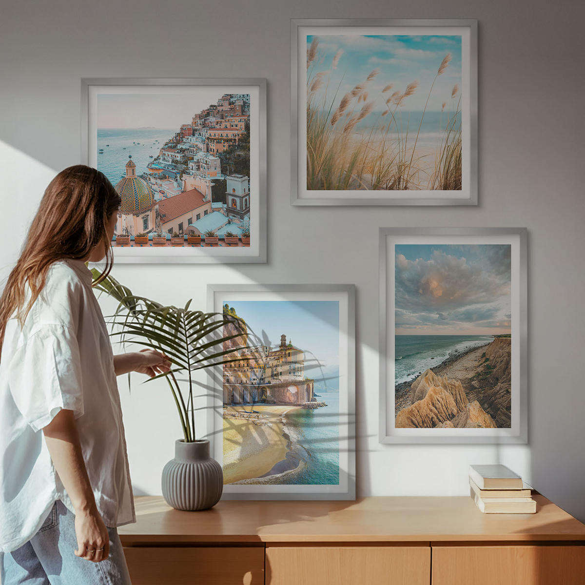 BILDER SET 4er Set - 50x50 cm & 40x60 cm Silberner Rahmen - Landschaften Strand Stadt Klippen - Silberfarben, Kunststoff (50/50cm) - TULUP