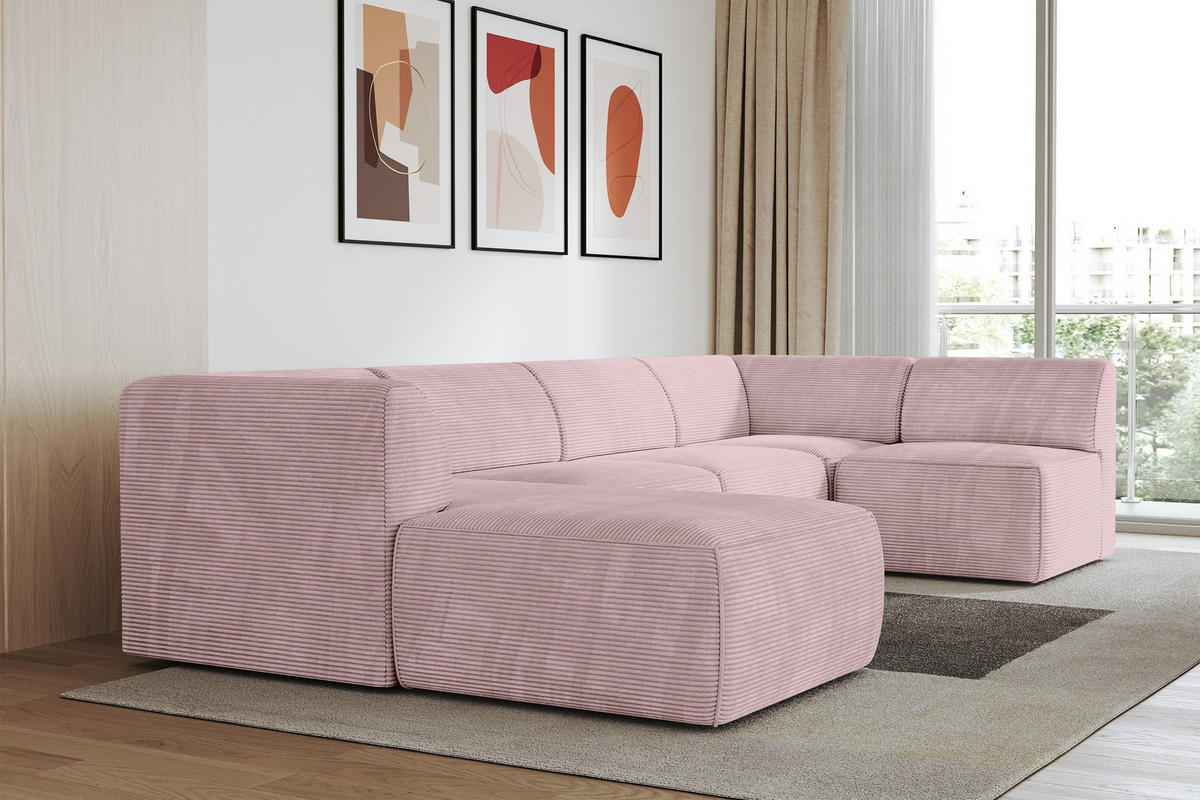 WOHNLANDSCHAFT Ottomane Links MOVA 345x180x78 Rosa Cord - Schwarz/Rosa, Holzwerkstoff/Kunststoff (180/78/345cm) - ALTDECOR