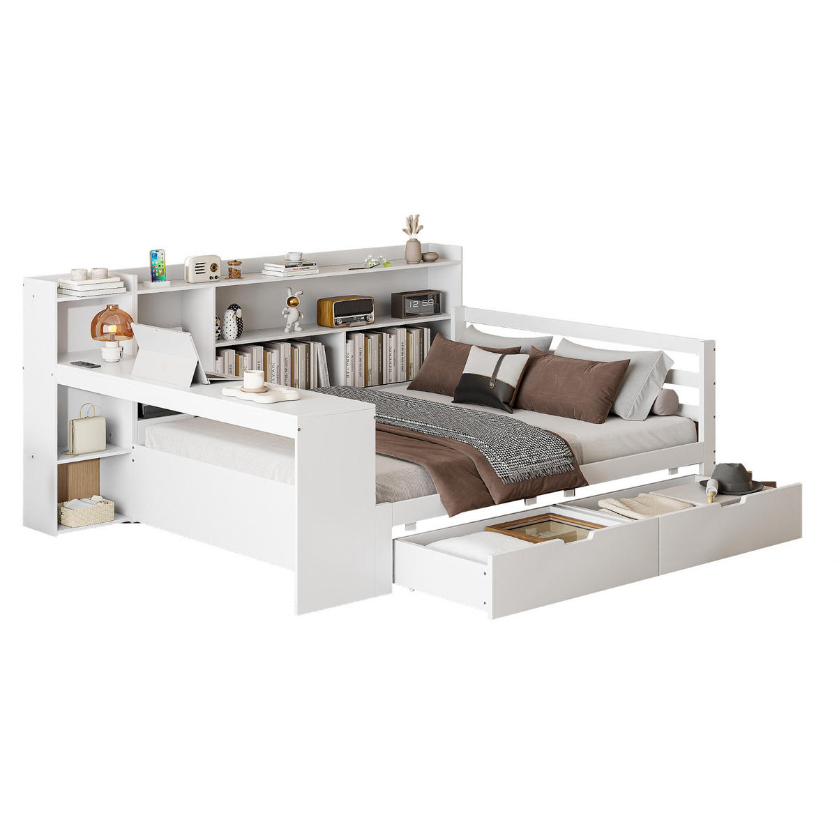BETT 140x200 cm Weiß mit Schreibtisch, Regalen, USB-Anschluss und 2 Schubladen - Weiß, Holzwerkstoff (140/200cm) - Modfu
