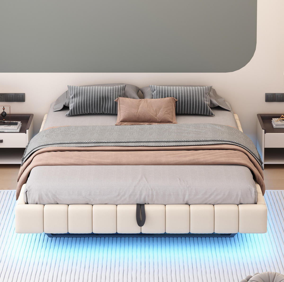 ČALÚNENÁ posteľ 180/200 cm béžová s LED osvetlením a úložným priestorom z ľanovej tkaniny - béžová, textil (180/200cm) - OKWISH