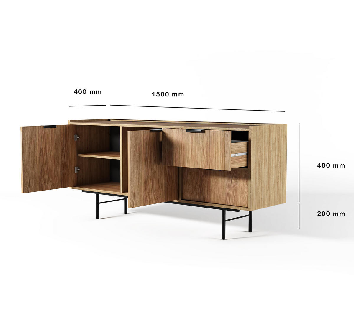 SIDEBOARD Nordiva 2T 2S Hikora Natur 150/68/40 cm – Metallgestell - Schwarz/Naturfarben, Holzwerkstoff/Metall (150/68/40cm) - AX Living