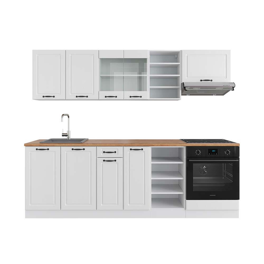 KÜCHENZEILE R-Line Weiß Landhaus/Weiß 240 cm, AP Eiche - Weiß, Holzwerkstoff (240/81.6/60cm) - Vicco