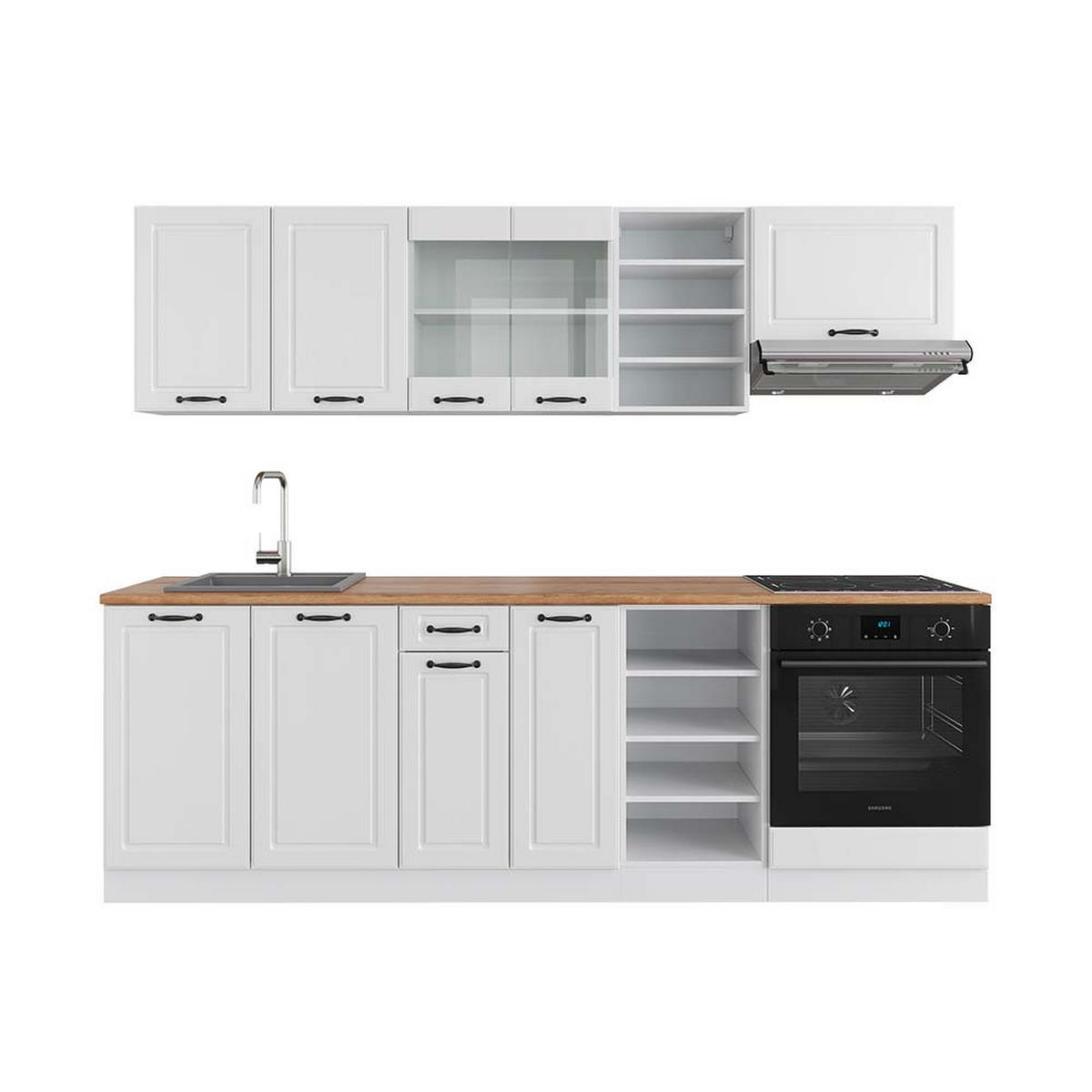 KÜCHENZEILE R-Line Weiß Landhaus/Weiß 240 cm, AP Eiche - Weiß, Holzwerkstoff (240/81.6/60cm) - Vicco