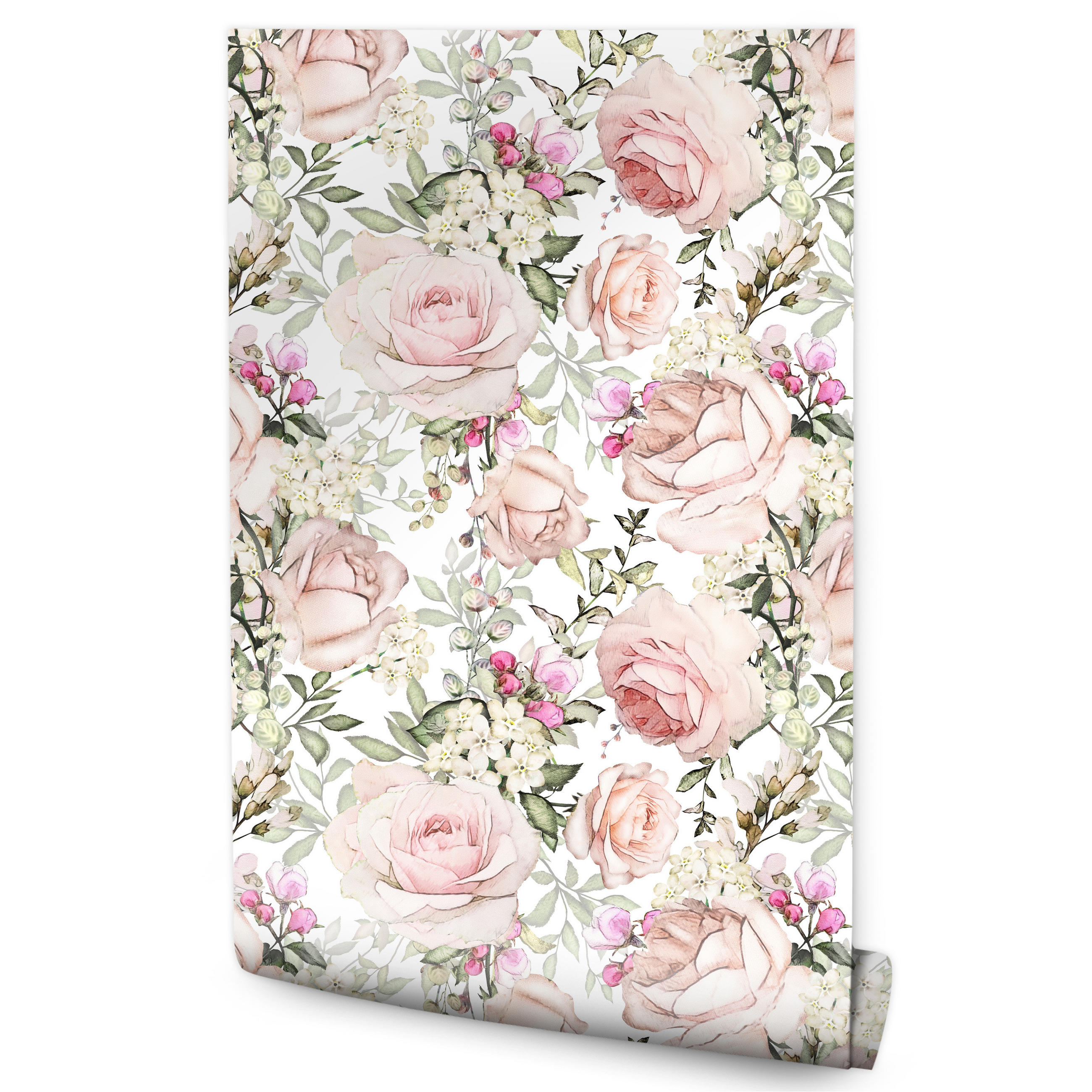 VLIESTAPETE Rosen und Blätter – Rosa, Grün, Weiß – 50x1000 cm - Rosa/Weiß, Papier (50/1000cm) - Muralo