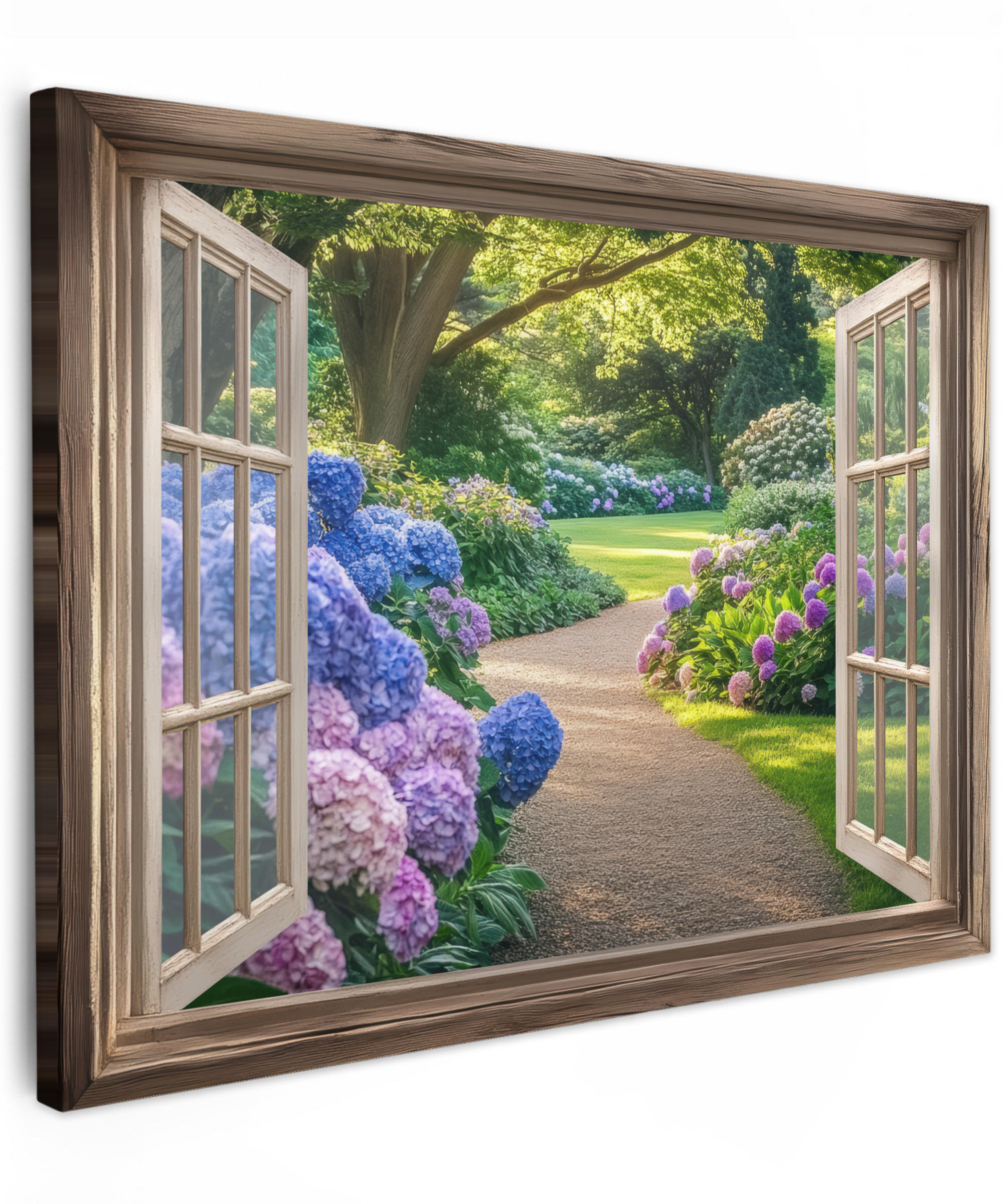 LEINWANDBILD Aussicht - Garten - Fenster - Hortensie - Blumen 40x30 cm - Pastellblau, Textil (40/30cm) - MuchoWow