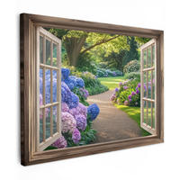 LEINWANDBILD Aussicht - Garten - Fenster - Hortensie - Blumen 40x30 cm - Pastellblau, Textil (40/30cm) - MuchoWow