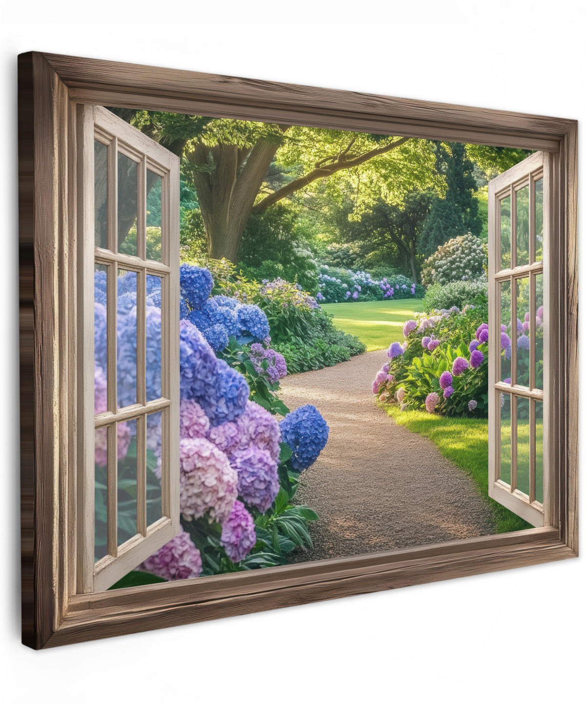 LEINWANDBILD Aussicht - Garten - Fenster - Hortensie - Blumen 40x30 cm - Pastellblau, Textil (40/30cm) - MuchoWow