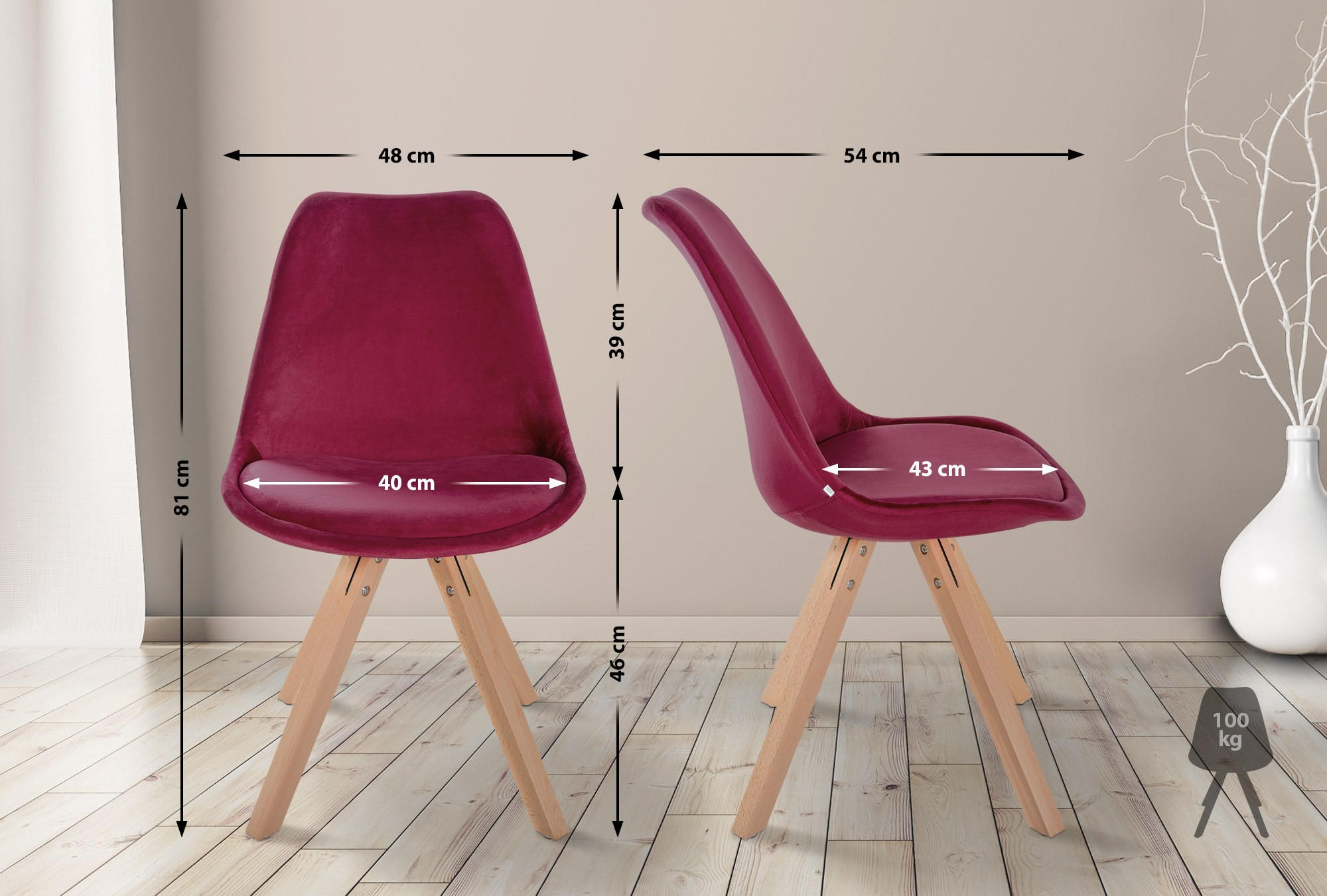 STUHL 4er Set Samt bordeauxrot - Bordeaux/Naturfarben, Holz/Textil (48/81/54cm) - CLP