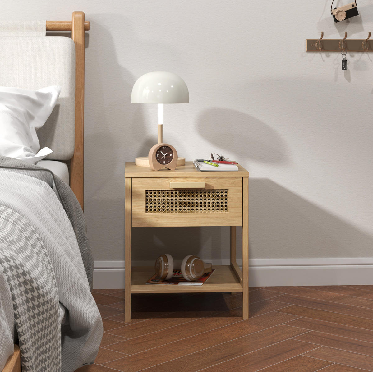 NACHTTISCH 40/40/48,4 cm Natur aus Holz mit Rattan-Schublade - Hellbraun, Holz (40/48.4/40cm) - OKWISH