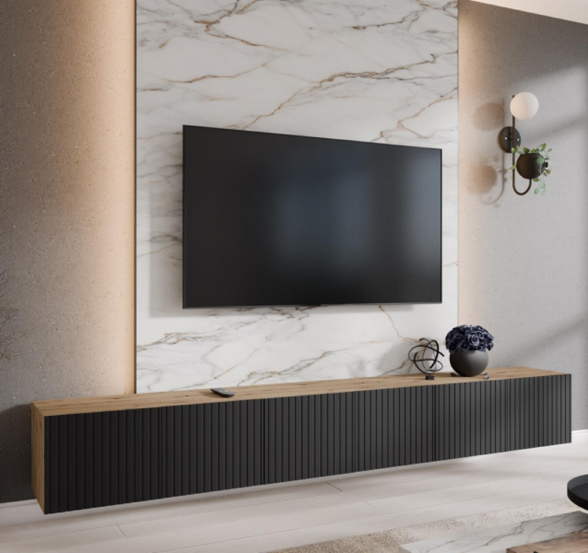 TV-LOWBOARD Schwarz NOELI Geschlossen Gerillt Artisan 300 cm - Schwarz, Holzwerkstoff (300/41/40cm) - Sepro Meble