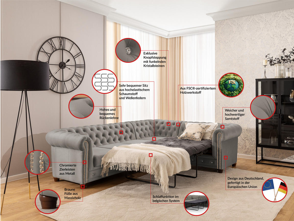 ECKSOFA mit Schlaffunktion Chesterfield Grau Samt mit Kristallsteppung und braunen Massivholzfüßen - Ottomane Rechts - Braun/Grau, Holz/Textil (264/210cm) - S-Style Möbel