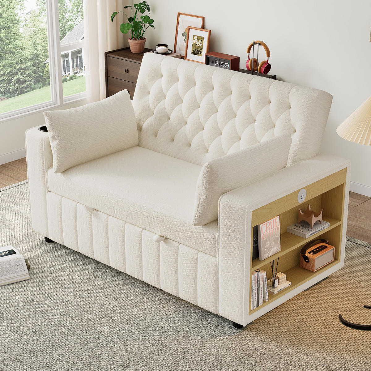SCHLAFSOFA Multifunktion mit Getränkehalter und USB-Ladeanschlüssen Chenille Beige 140/137/84 cm - Beige, Textil (140/84/137cm) - OKWISH