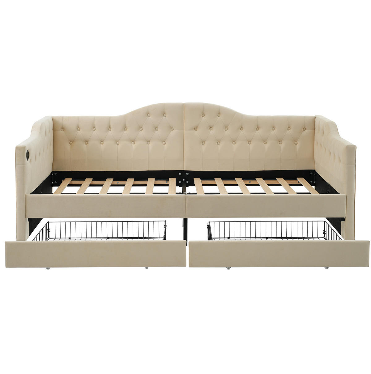 POLSTERBETT 90/200 cm Beige mit USB- und Type-C-Anschlüssen und 2 Schubladen - Beige, Textil (90/200cm) - OKWISH