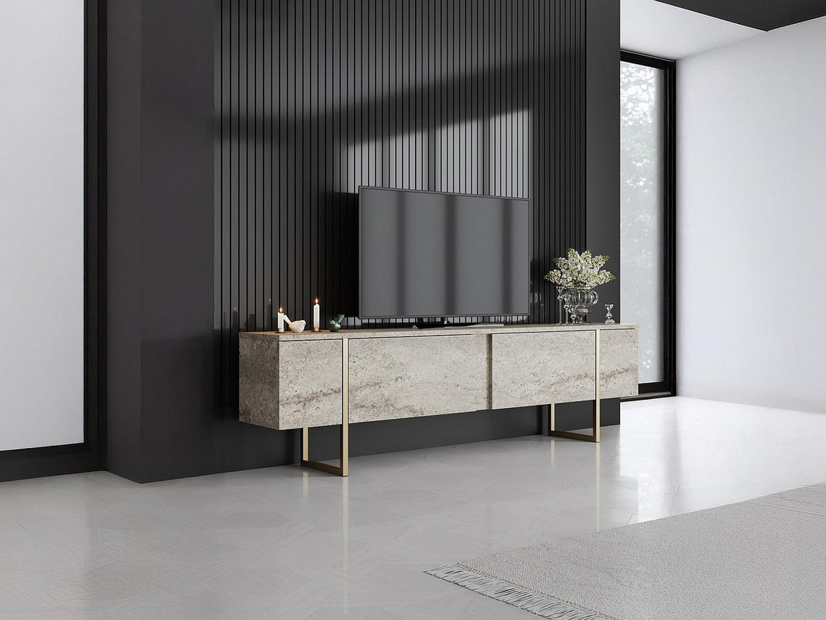 TV-MÖBEL mit 2 Türen - Travertin-Optik - Beige & Goldfarben - ZIRELDA - Beige, Holz (180/50/30cm) - Vente-Unique