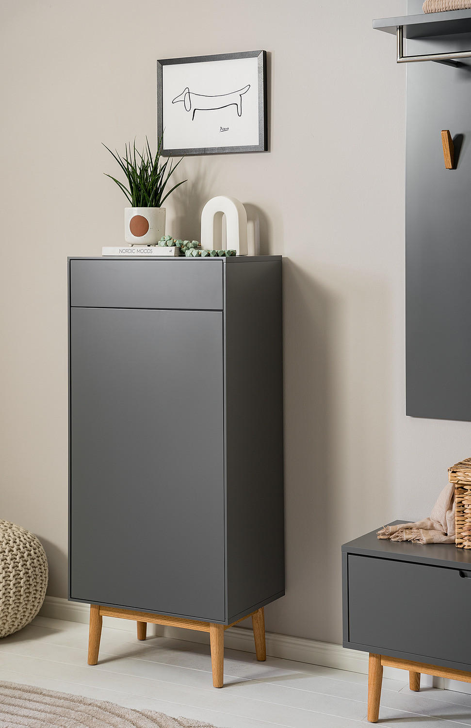SCHUHKOMMODE mit 1 Schublade und 1 Tür - Eichefarben/Grau, Holzwerkstoff (60/132/38cm) - home24