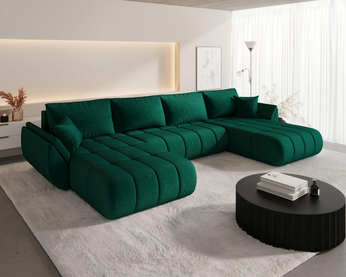 WOHNLANDSCHAFT SYDNEY PREMIUM U-Form grün Velours Monolith 37 - Schlaffunktion, Bettkasten - Grün, Textil (385/85/175cm) - Cornero