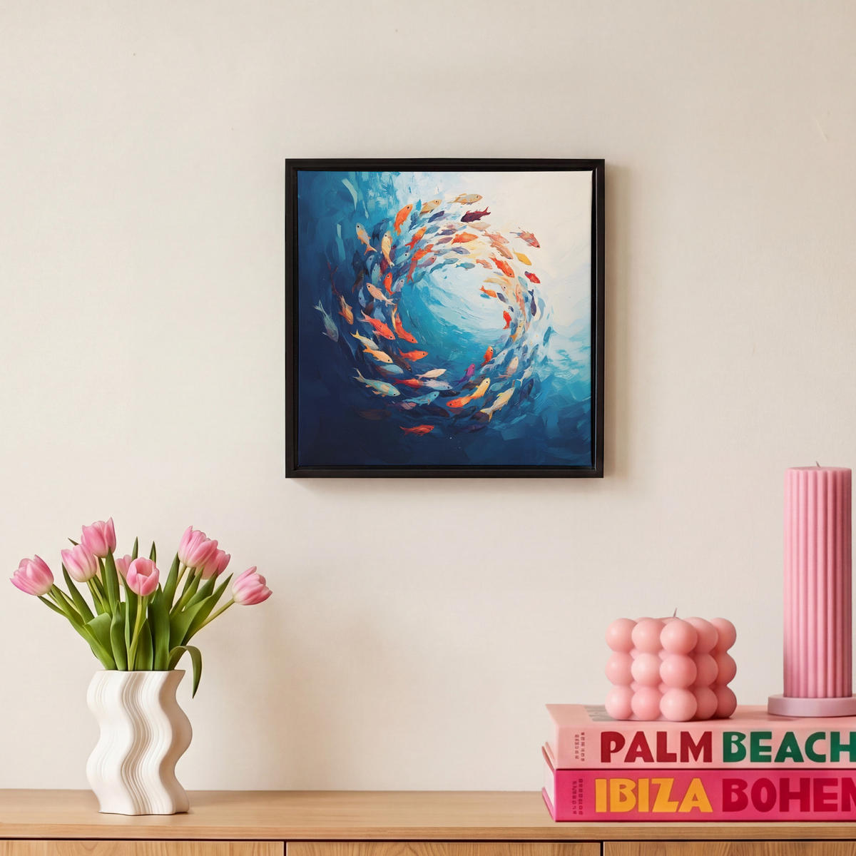 LEINWAND Bilder mit Rahmen - Meer - Fische - Bunt - Dynamisch - 20x20 - Hellblau, Textil (20/20cm) - MuchoWow