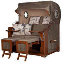 STRANDKORB Komplettset: Ammersee Grande XL Mahagoni Bullauge - PE grau - Modell 540 - Blau/Beige, Holz/Kunststoff (142/165/95cm) - bene living