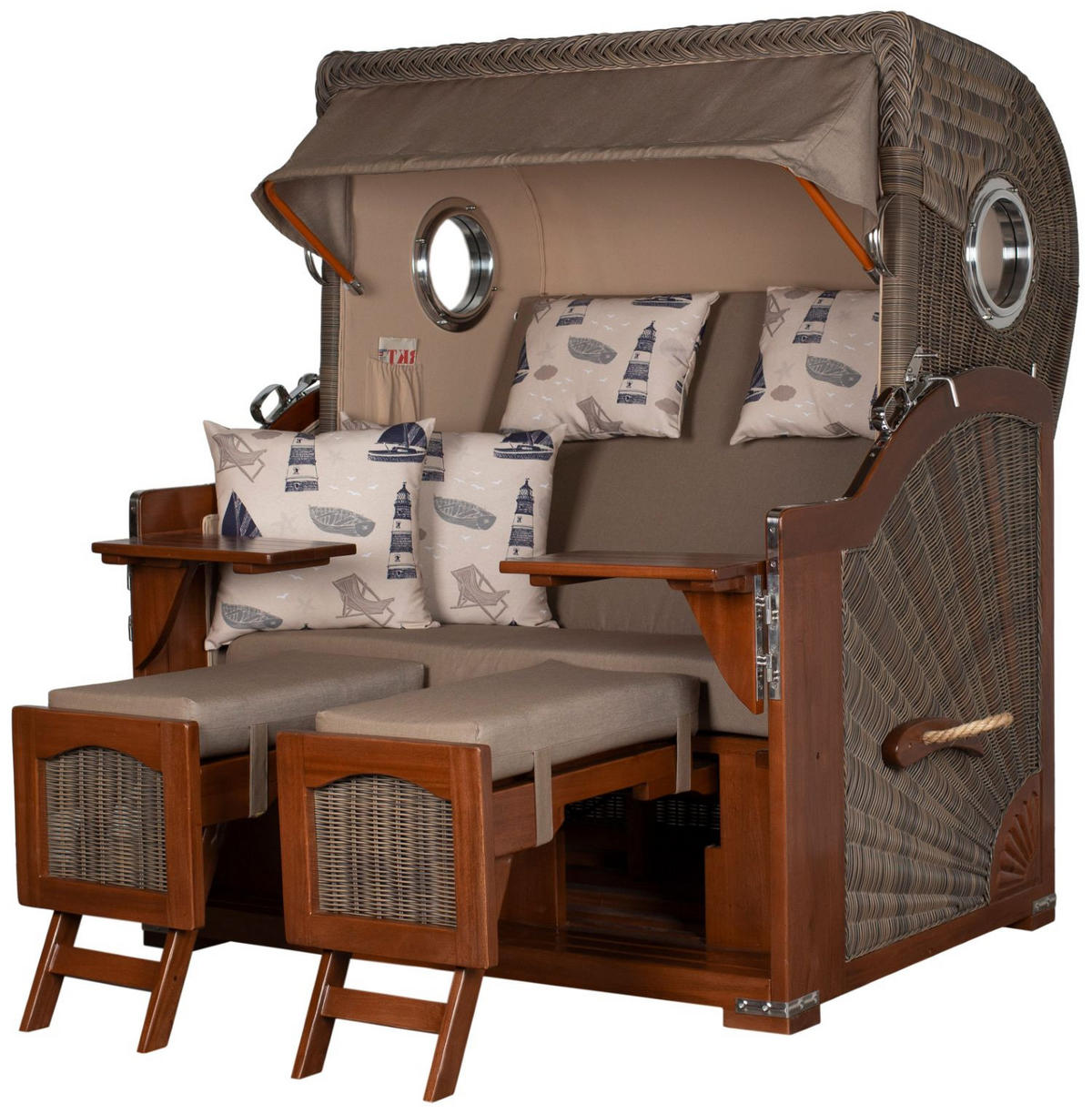 STRANDKORB Komplettset: Ammersee Grande XL Mahagoni Bullauge - PE grau - Modell 540 - Blau/Beige, Holz/Kunststoff (142/165/95cm) - bene living