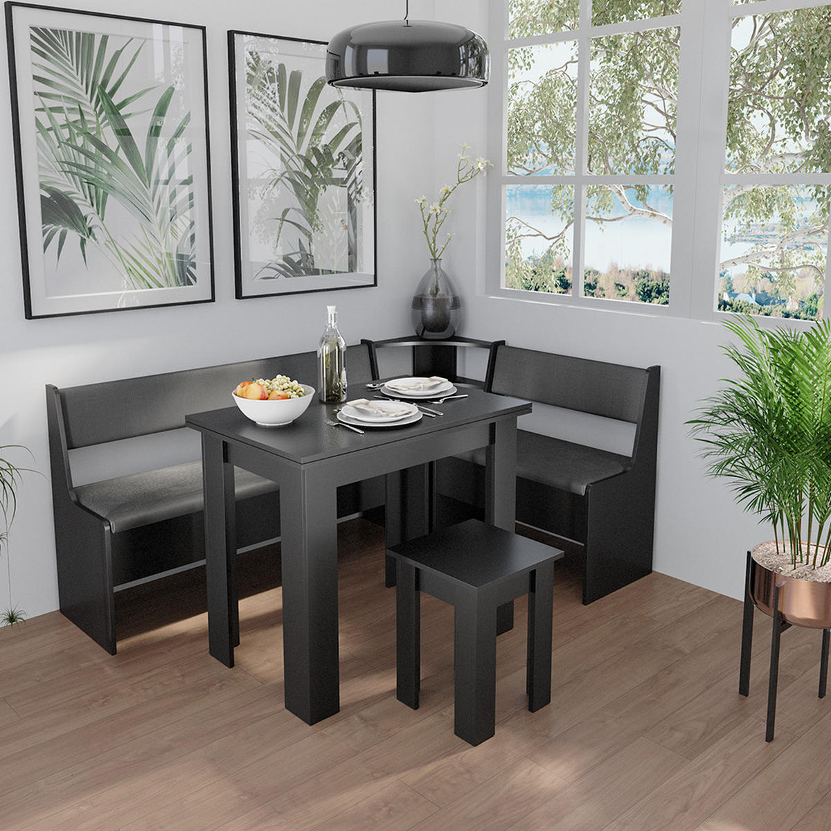ECKBANKGRUPPE Roman Schwarz 120 x 41.5 cm mit Tisch - Schwarz Hochglanz/Schwarz, Holzwerkstoff (180/80/120cm) - Vicco