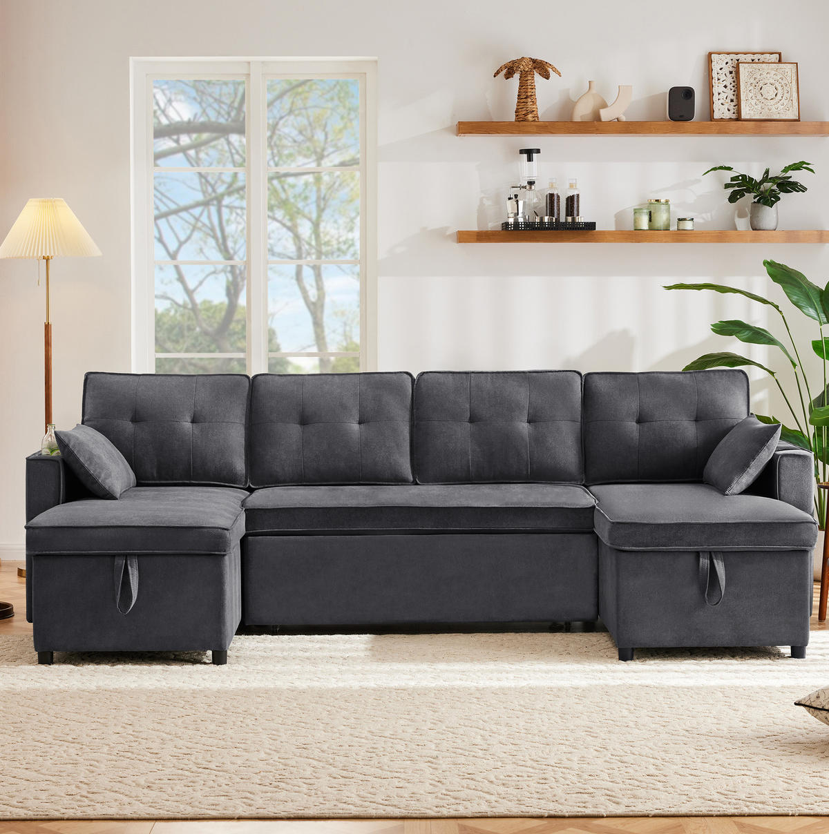 SCHLAFSOFA U-Form, Baumwolle-Leinen mit Stauraum & Getränkehaltern, 270/130/86 cm, Grau - Grau, Textil (130/86/270cm) - Redom