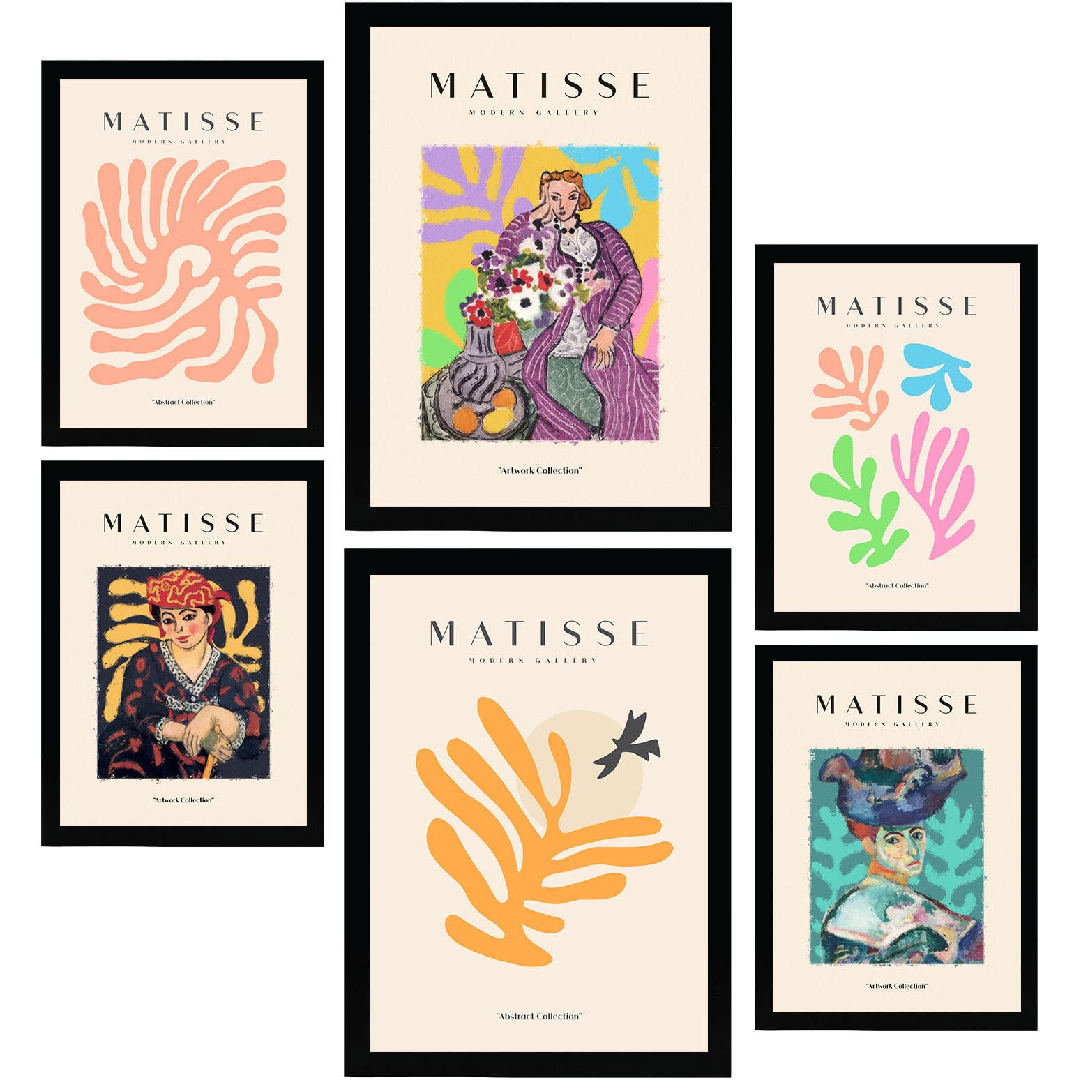 POSTER Set Mit 6 Henri Matisse Feminin Drucke Des Fauvismus Und Der Abstrakten Kunst Für Innenarchitektur A3 & A4 Schwarzer Rahmen - Schwarz, Papier (29/3cm) - Nacnic