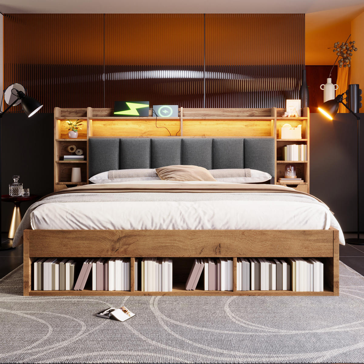 POLSTERBETT 180/200 cm Eiche mit LED-Beleuchtung, USB- und Type-C-Anschlüssen und Rollschubladen - Eichefarben, Holz (180/200cm) - Oxeza