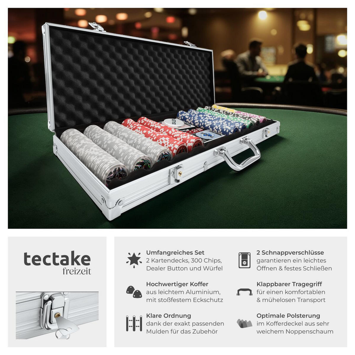 POKERSET ,inklusive verschließbarer Aluminiumkoffer,silber - Silberfarben, Kunststoff (21/56cm) - tectake