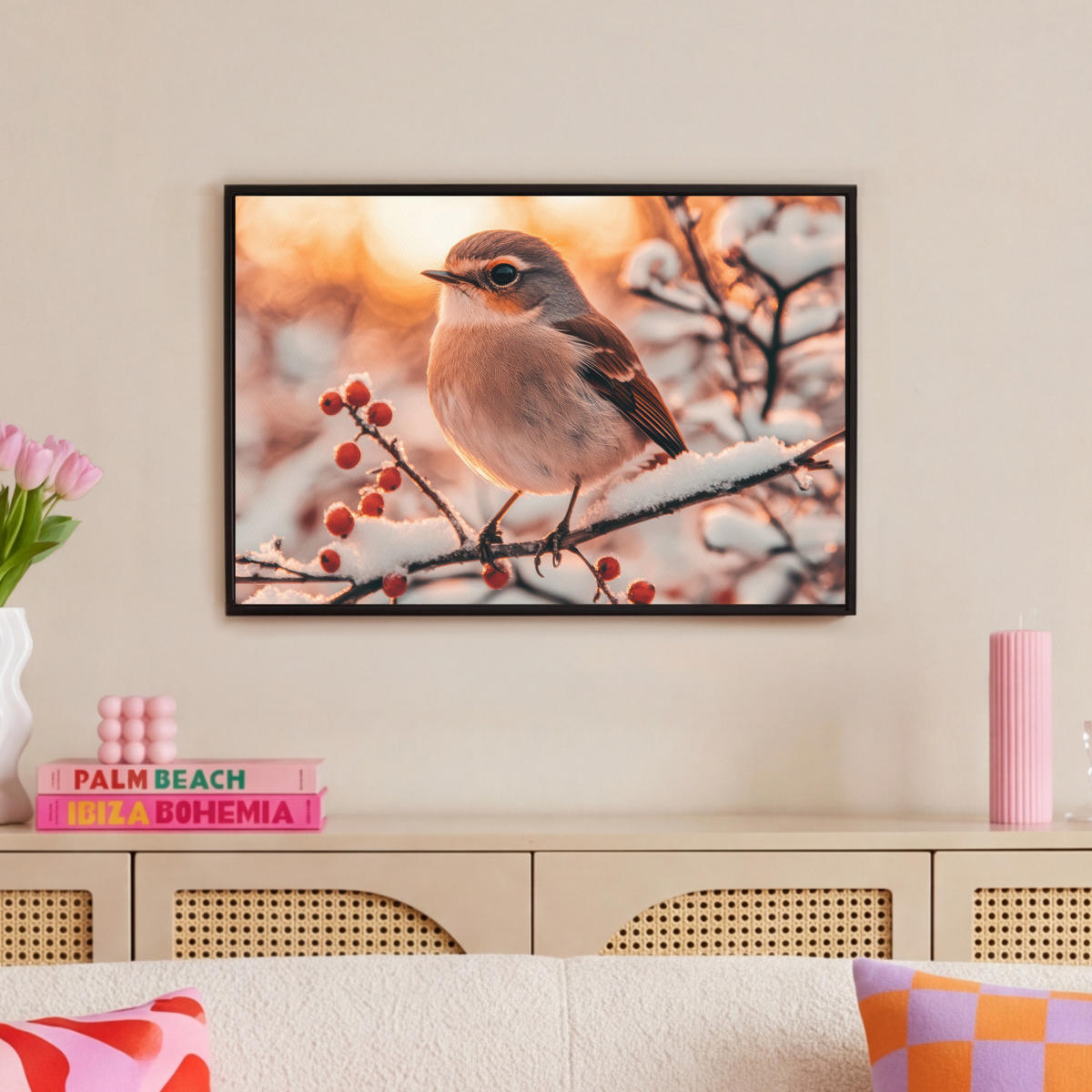 LEINWAND Bilder mit Rahmen - Vogel - Zweig - Winter - Tiere - Schnee - 60x40 - Bernsteinfarben, Textil (60/40cm) - MuchoWow