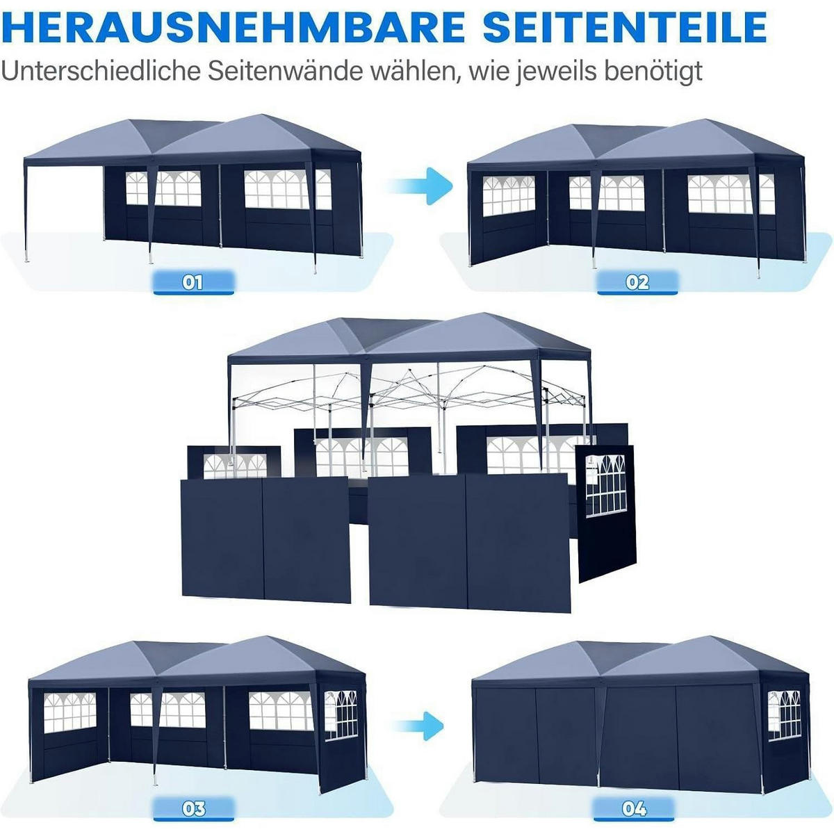 FALTPAVILLON 3x6m Dunkelblau wasserdicht mit Seitenwänden - Dunkelblau, Textil (256/256/256cm)