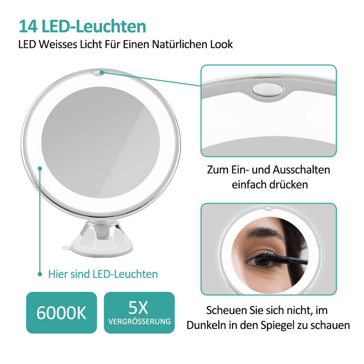 KOSMETIKSPIEGEL mit Beleuchtung mit Saugnapfes, Weiß, φ17,5 cm - Weiß, Glas (17.5/20/17.5cm) - EMKE
