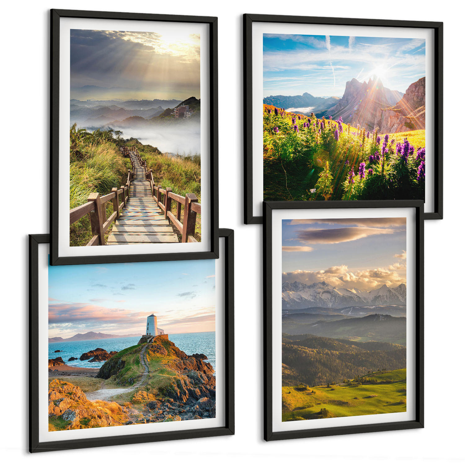 BILDER SET 4er Set - 50x50 cm & 40x60 cm Schwarzer Rahmen - Bergblumen Himmelsweg - Schwarz, Kunststoff (50/50cm) - TULUP
