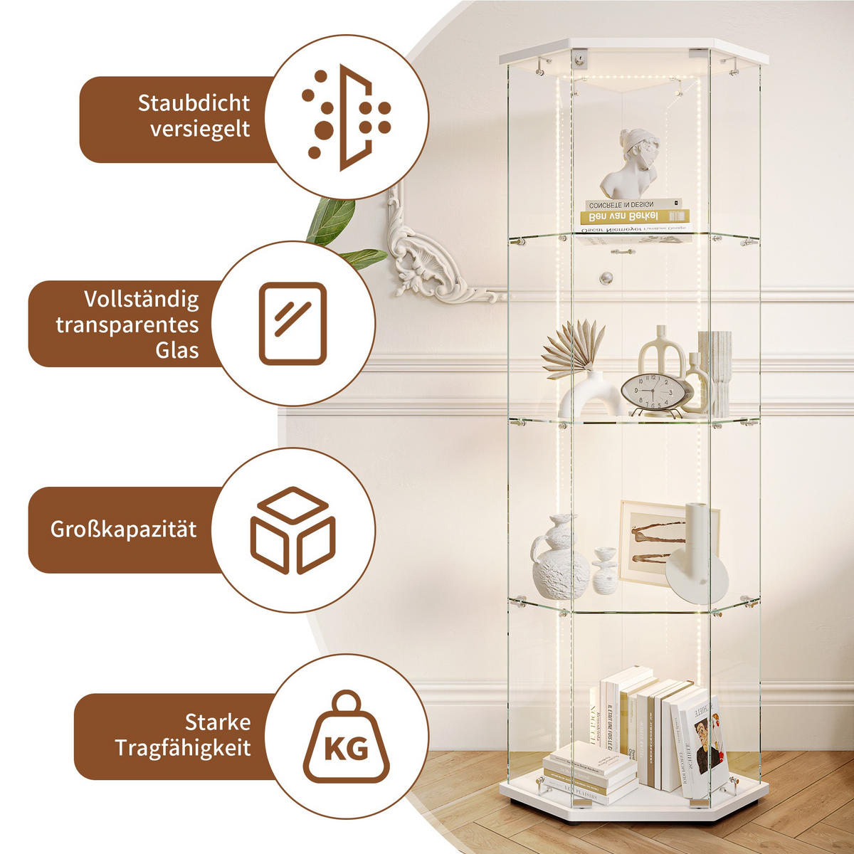 VITRINE mit RGB LED Beleuchtung - Eckvitrine mit 4 Ebenen und 1 Glastür - Glaskvitrine mit Schloss - Weiß - Weiß, Glas (60/162/42.5cm) - DELFA