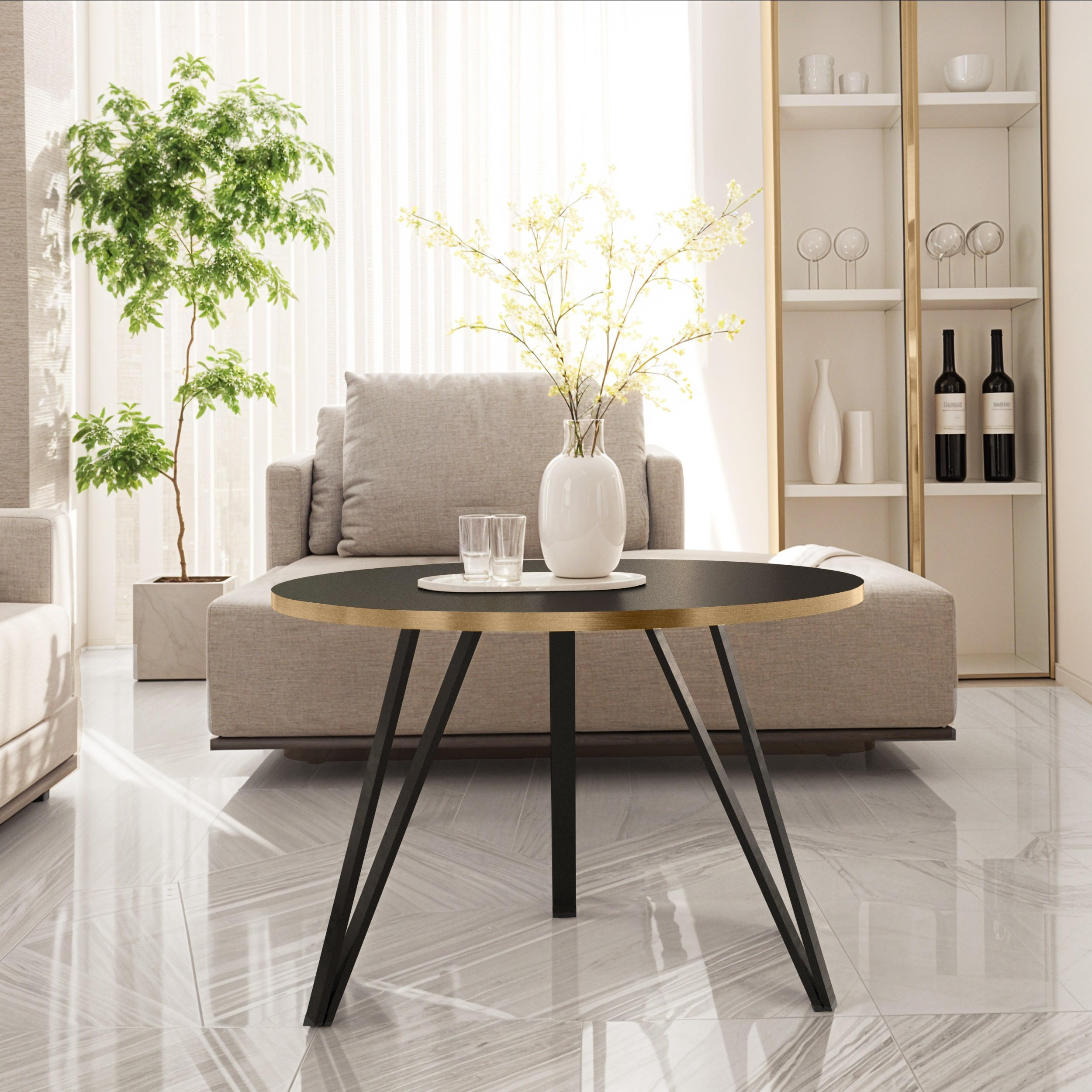 COUCHTISCH Linea Schwarz mit Goldrand, Schwarze Beine - Goldfarben/Schwarz, Holzwerkstoff/Metall (67/67/45cm) - Bettso