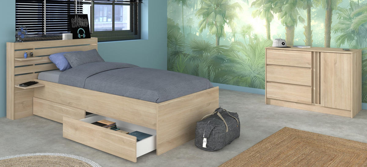 SCHLAFZIMMER-SET Eiche japanisch, Set 2-teilig mit Stauraumbett und Kommode - Eichefarben, Holzwerkstoff/Metall (152/89/217cm) - Parisot Meuble