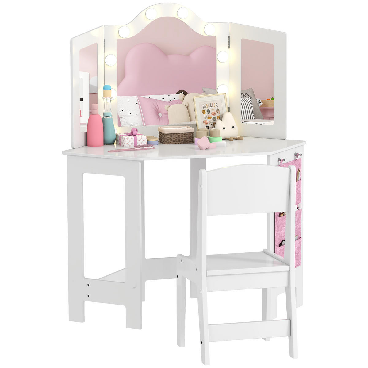 KINDERSCHMINKTISCH DE-18637 2-in-1 mit LED-Triptychonspiegel Weiß - Weiß, Holzwerkstoff (48.5/111.5/93.6cm) - ComfortXL