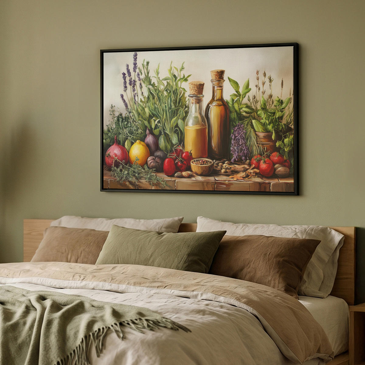 LEINWAND Bilder mit Rahmen - Stilleben - Kräuter - Gewürze - Früchte - Farbenfroh - 100x70 - Grün, Textil (100/70cm) - MuchoWow