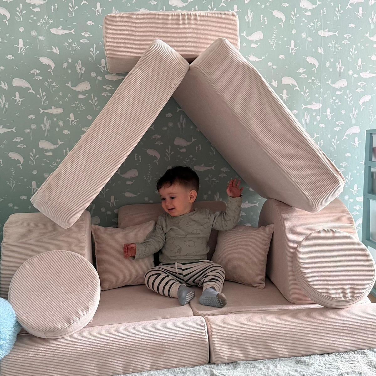 KINDERSOFA Pocket Max modular 12-tlg. aus Slimcord in Beige - Ecru, Textil (120/25/60cm) - MeowBaby