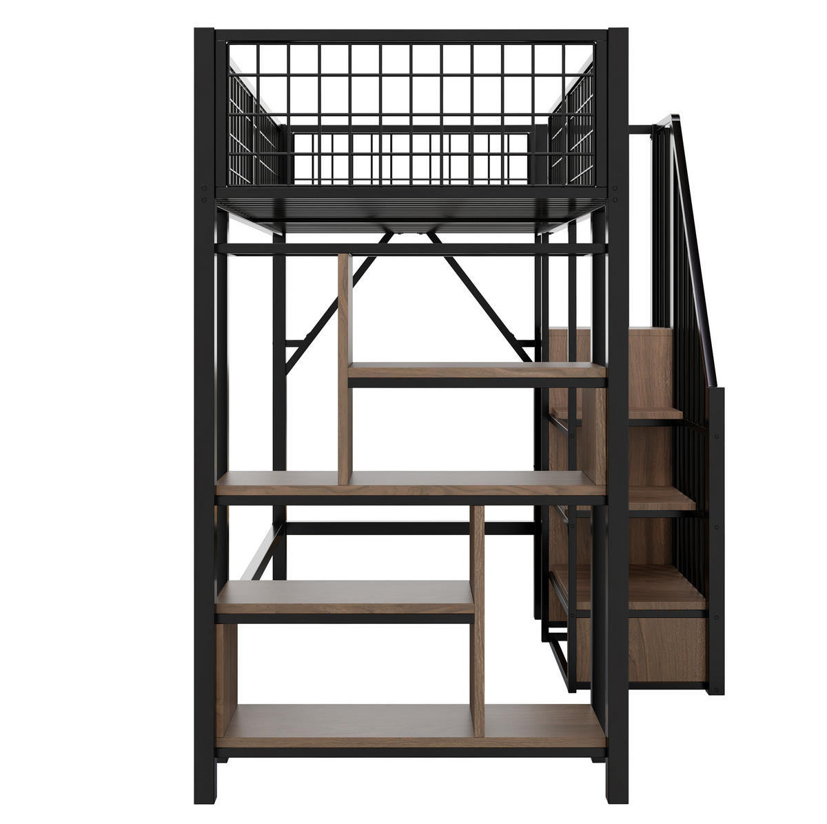 HOCHBETT aus Metall und Holz 90x200 cm in Schwarz mit Stauraumtreppe - Schwarz, Holzwerkstoff (90/200cm) - Modfu
