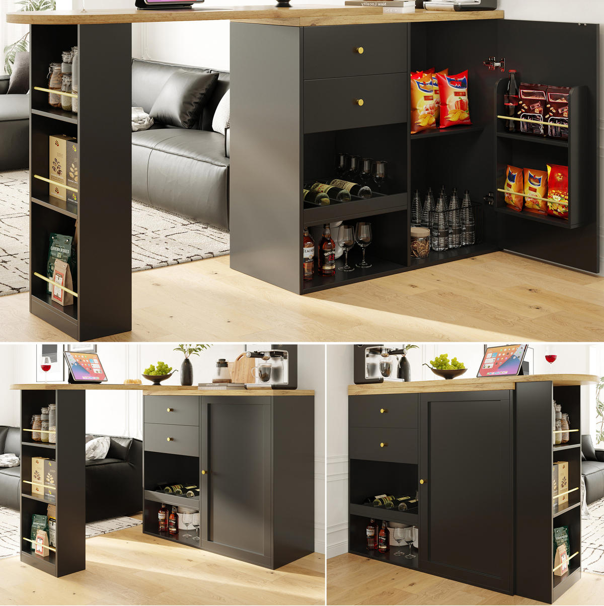 BARTISCH 138/39/104 cm in Schwarz mit drehbarem Regal und Stauraum - Schwarz, Holzwerkstoff (39/105/102cm) - BEAOK