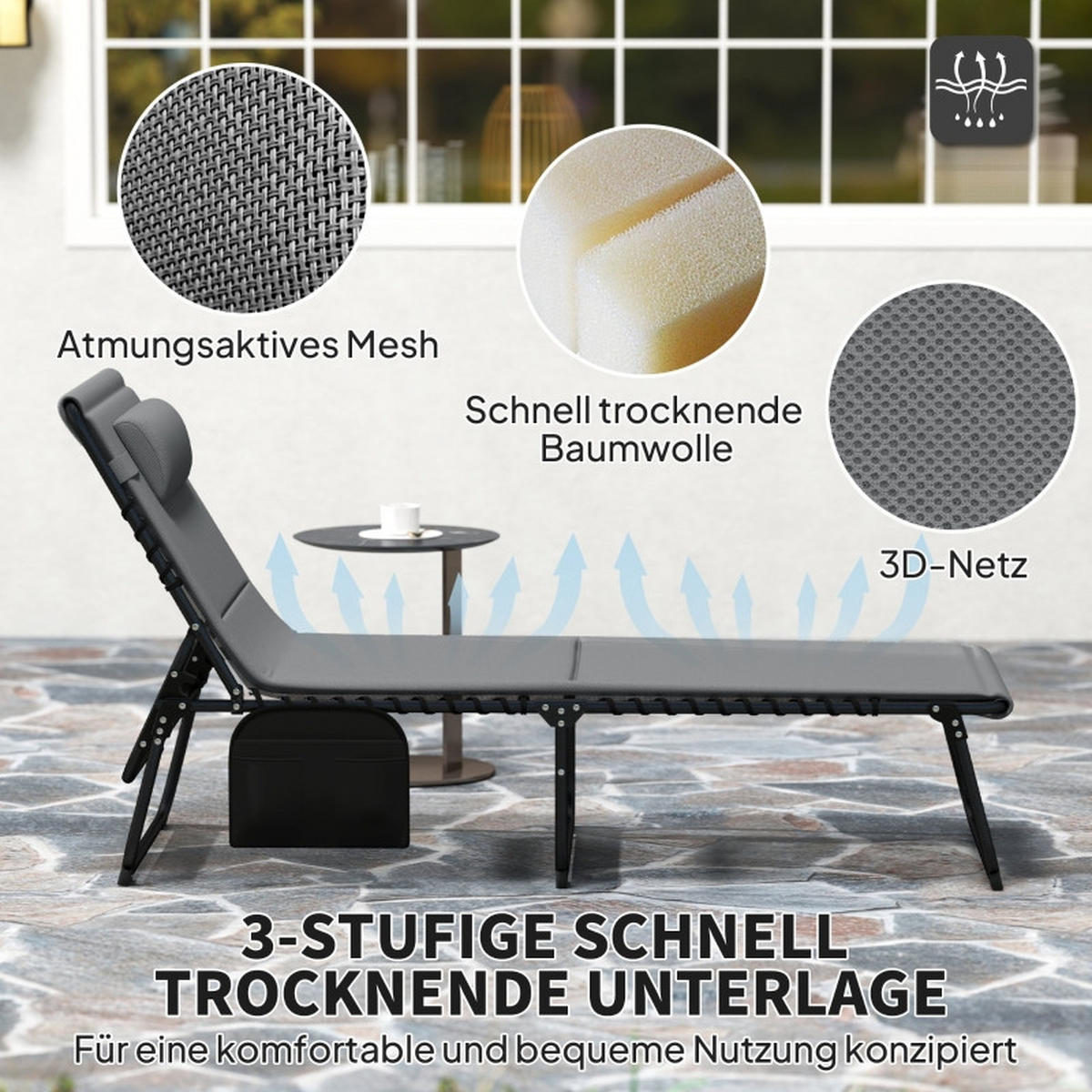 LIEGESTUHL 2er Set klappbar Kopfkissen Seitentasche - Grau, Metall (68/189cm) - Kaket