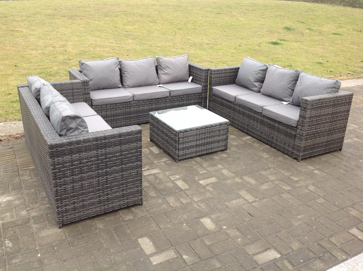 GARTENSET Polyrattan 9-Sitzer - Dunkelgrau/Grau, Glas/Kunststoff - Fimous