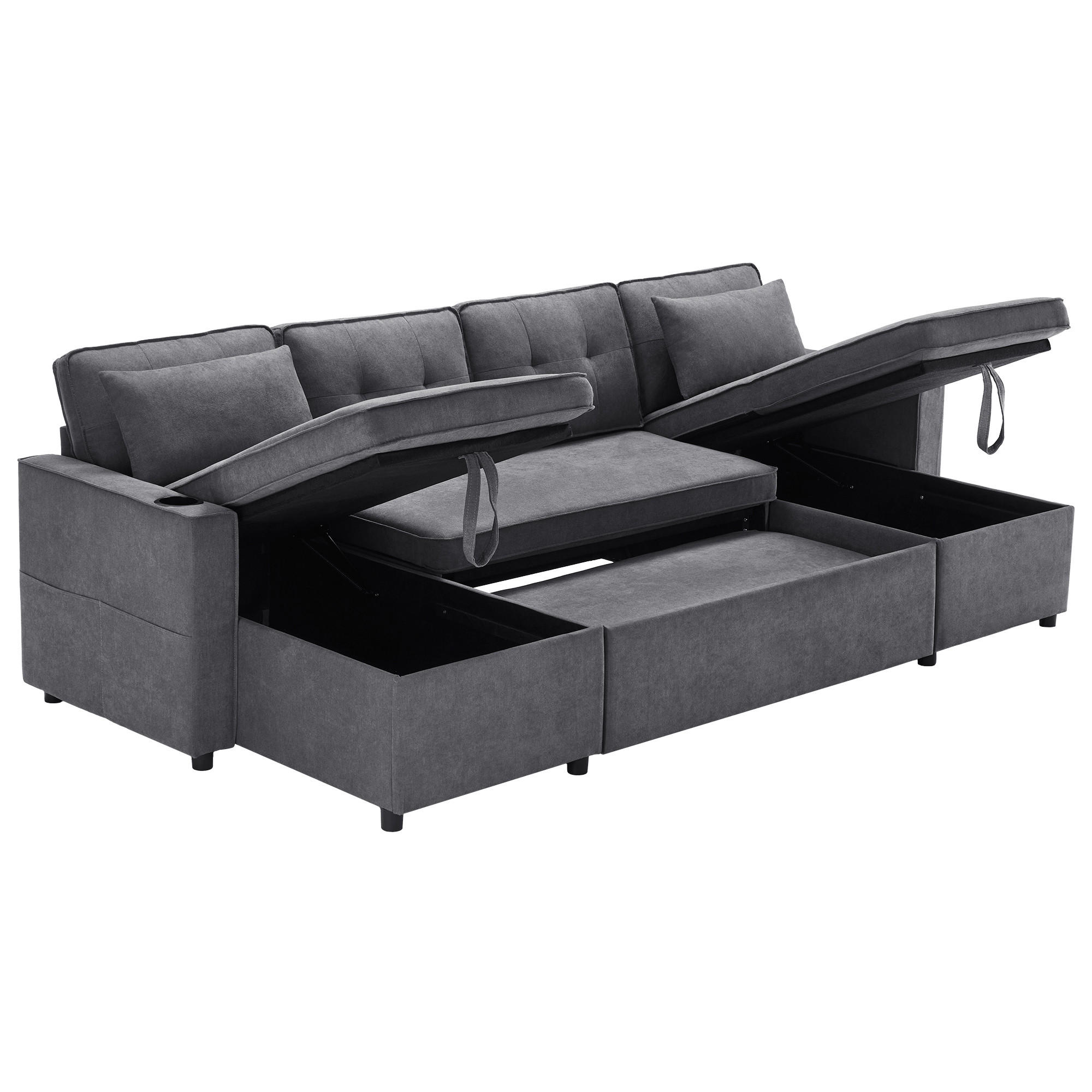 SCHLAFSOFA U-Form mit Getränkehalter und Stauraum - Grau, Textil (270/86/130cm)