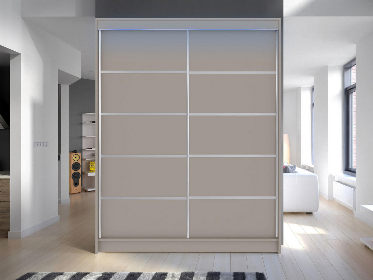 SCHWEBETÜRENSCHRANK Camino IV mit RGB LED Beleuchtung - Kaschmir/Silberfarben, Holzwerkstoff/Metall (150/200/58cm) - MIRJAN24