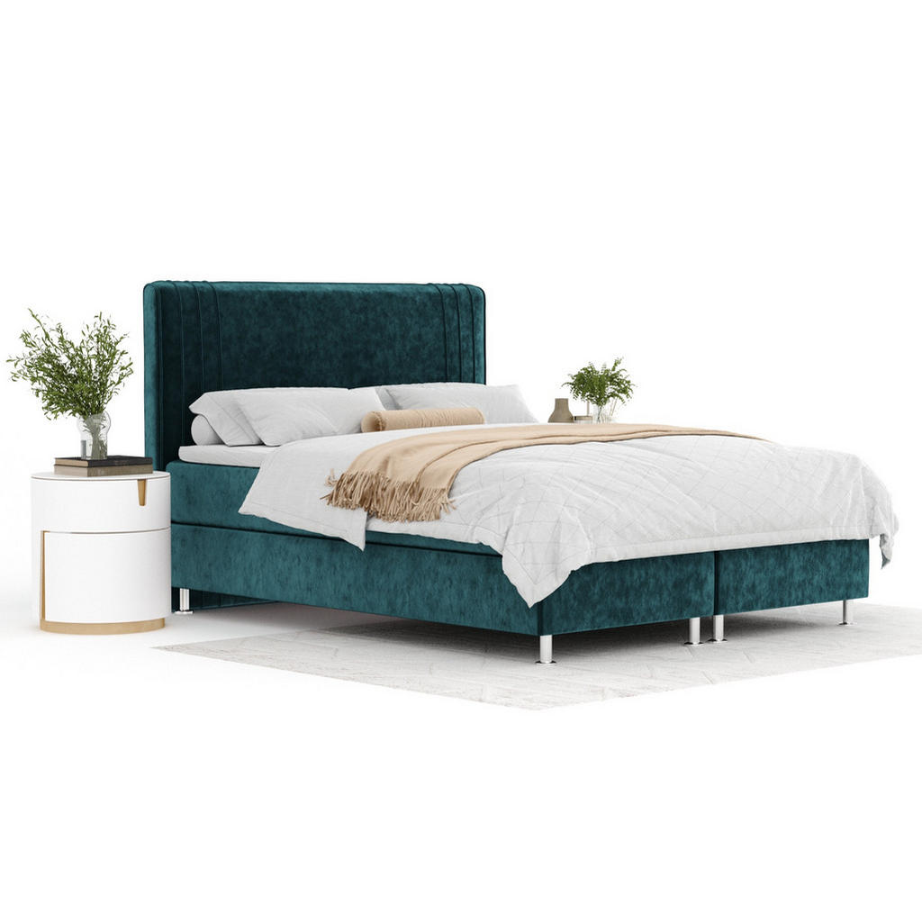 Thumbnail - Maison de Reve Boxspringbett, Türkis, Textil, Buche, Kiefer, H3, Höhe ca. 21 cm, 200x200 cm, Oeko-Tex® Standard 100, FSC...