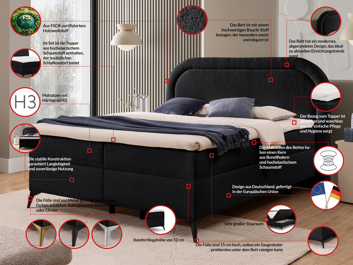 BOXBETT Sonna 160/200 cm Schwarz Bouclé-Stoff mit abgerundetem Kopfteil und mit silbernen Metallfüßen - Silberfarben/Schwarz, Holz/Textil (160/200cm) - S-Style Möbel
