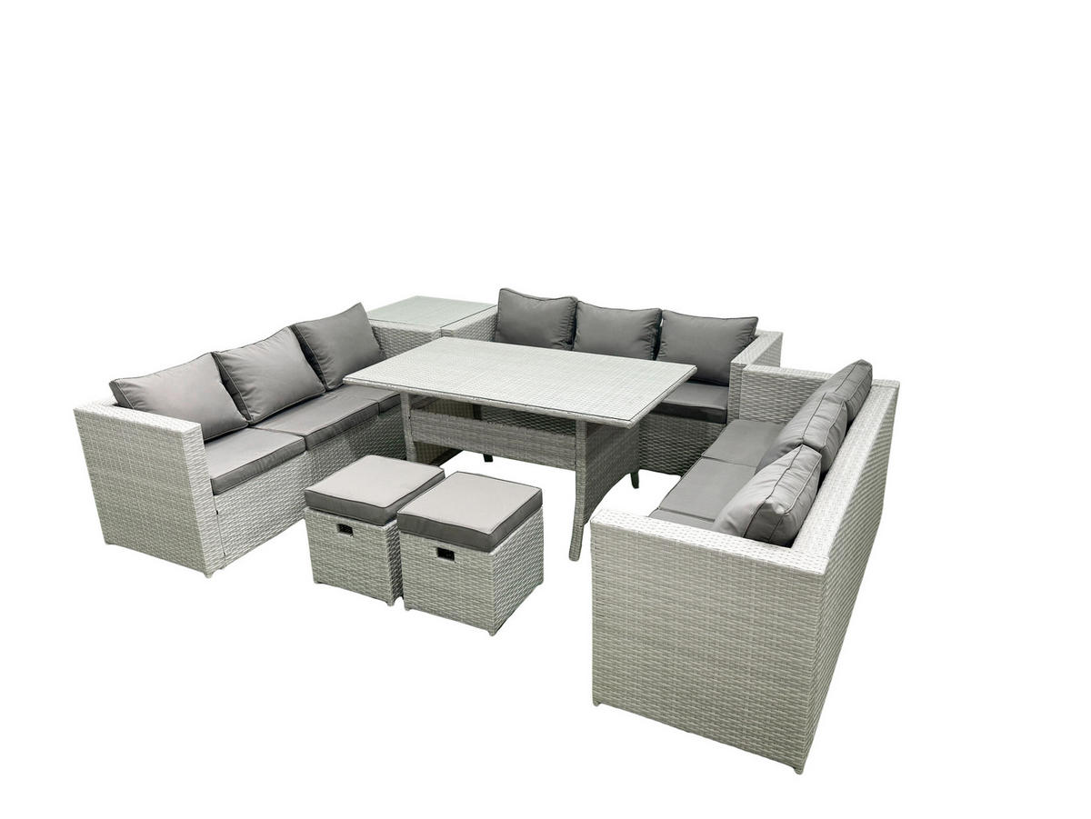 GARTENSET mit Esstisch,Sofa ,Beistelltisch,2 Kleiner Fußhocker Polyrattan Hellgrau 11-Sitzer - Hellgrau/Grau, Glas/Kunststoff - Fimous