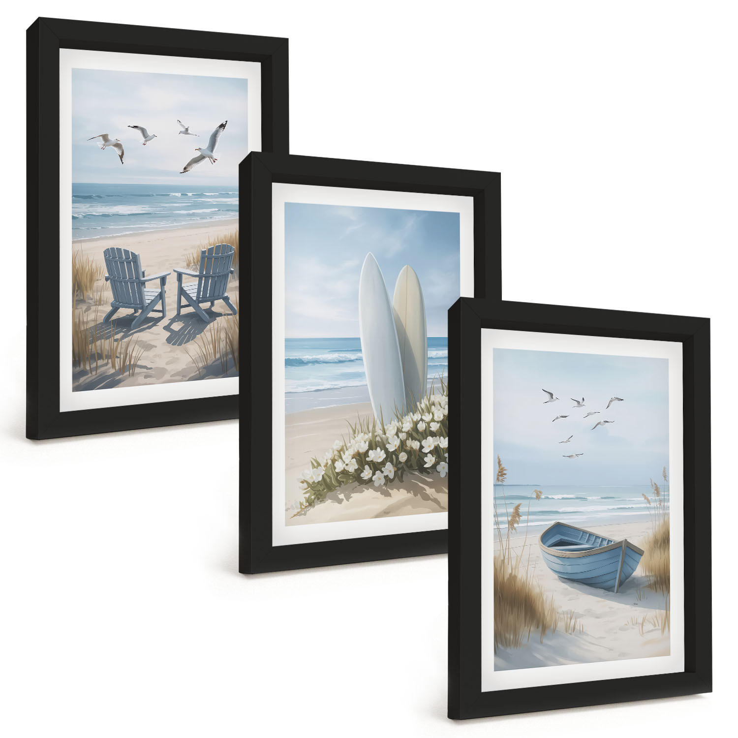 BILDER SET 3er Set - 20x30 cm Schwarzer Rahmen - Strand Surfbretter Vögel - Schwarz, Kunststoff (20/30cm) - TULUP